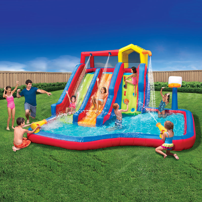 Banzai Twin Falls Kids Giant Outdoor Inflatable Dual Water Slide Splash Park Toy