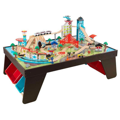 KidKraft 80 Piece Aero City Wooden Railroad Track Train Toy Playset, Espresso