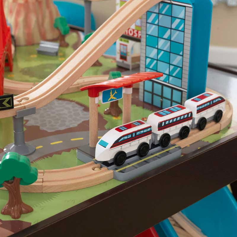KidKraft 80 Piece Aero City Wooden Railroad Track Train Toy Playset, Espresso