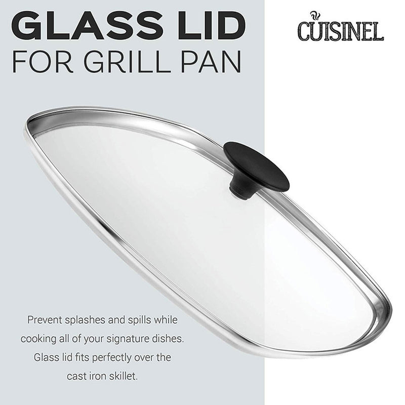 Cuisinel Versatile Pre Seasoned Cast Iron Square Grill Pan w/ Glass Lid, 10.5 In