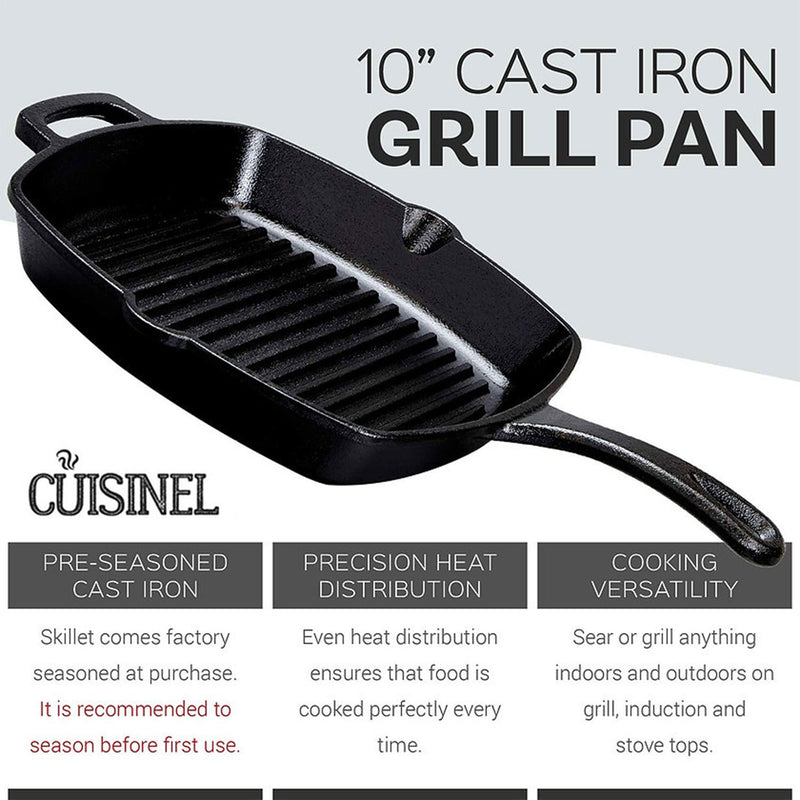 Cuisinel Versatile Pre Seasoned Cast Iron Square Grill Pan w/ Glass Lid, 10.5 In