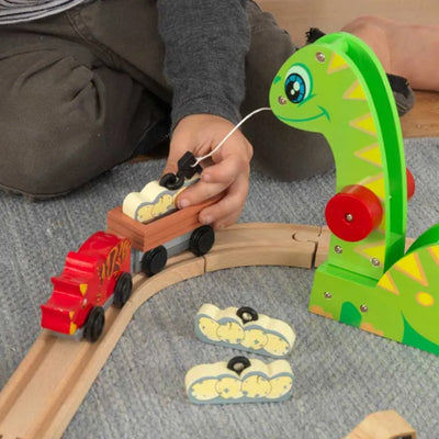 KidKraft 56 Piece Dinosaur Bucket Top Wooden Railroad Track Train Toy Playset