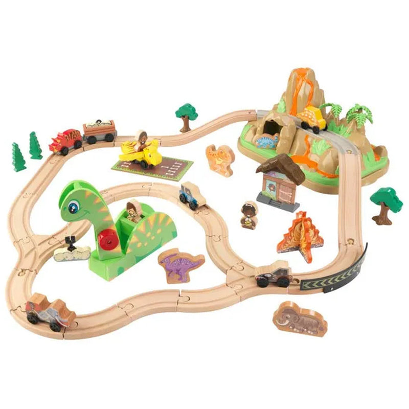 KidKraft 56 Piece Dinosaur Bucket Top Wooden Railroad Track Train Toy Playset