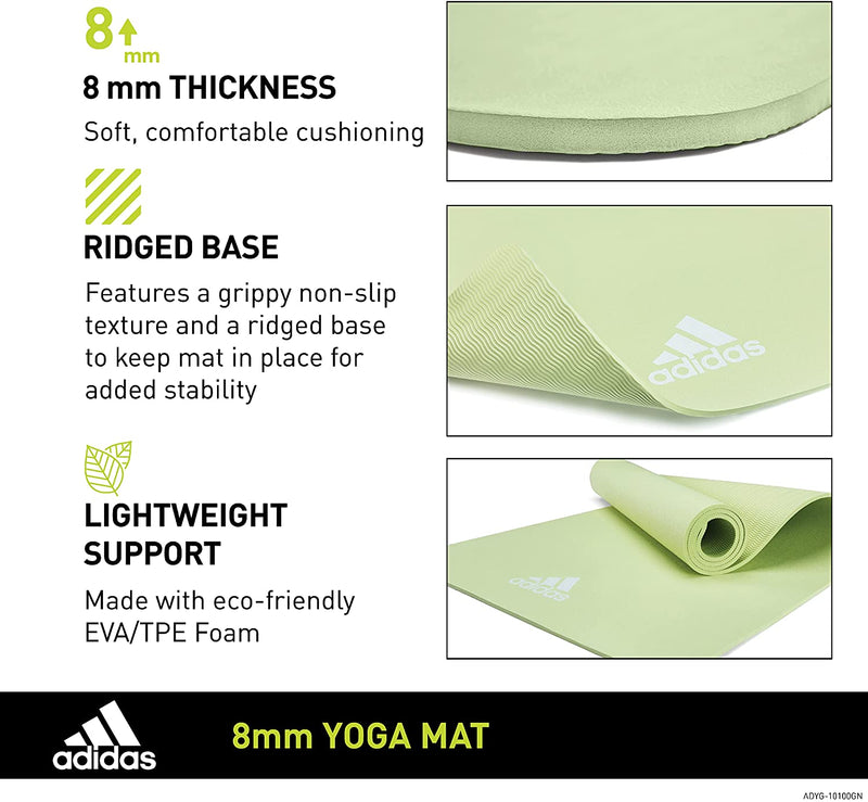 Adidas Universal Exercise Slip Resistant Fitness Yoga Mat, 8mm, Aero Green