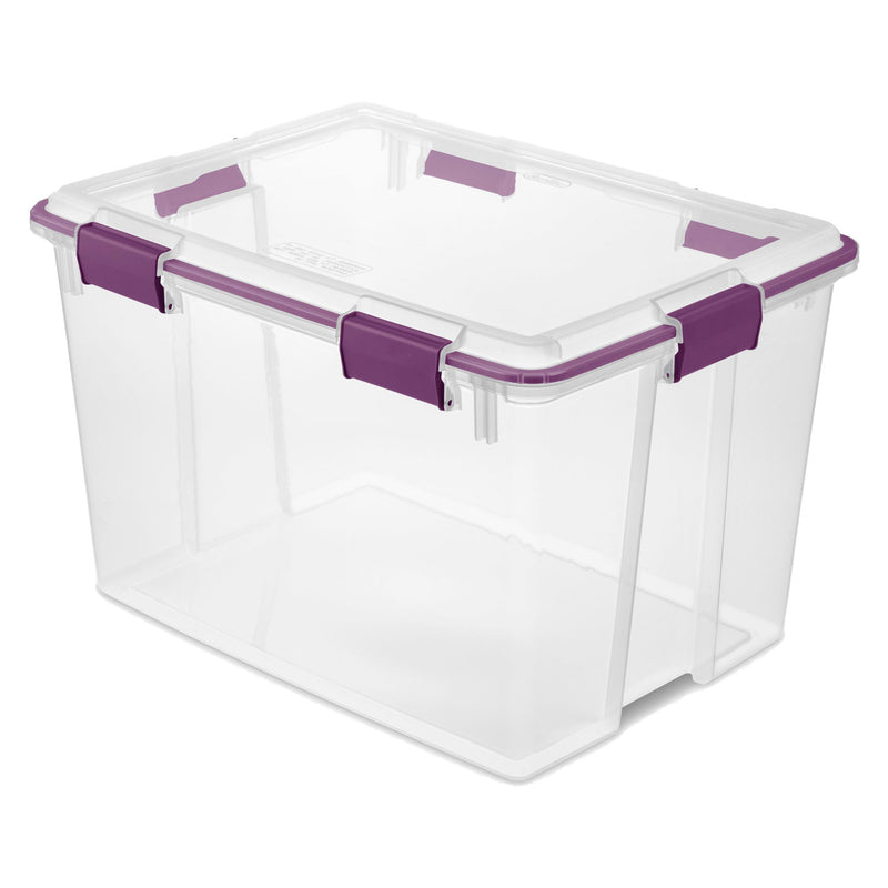 Sterilite 80 Quart Gasket Box Storage Bin w/ Lid & Latches, Clear/Exotic Purple
