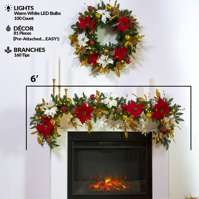 Easy Treezy 6 Foot Pre Lit Decorated Holiday Christmas Garland with White Lights