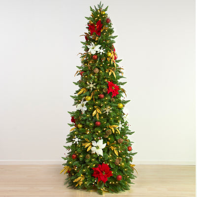 Easy Treezy 7.5 Foot Pre-Lit Douglass Fir Artificial Christmas Tree, Red/Gold