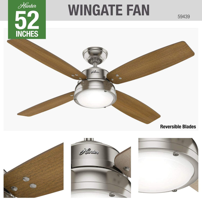 Hunter Wingate 52" Home Ceiling Fan with LED Light and Remote, Brushed Nickel