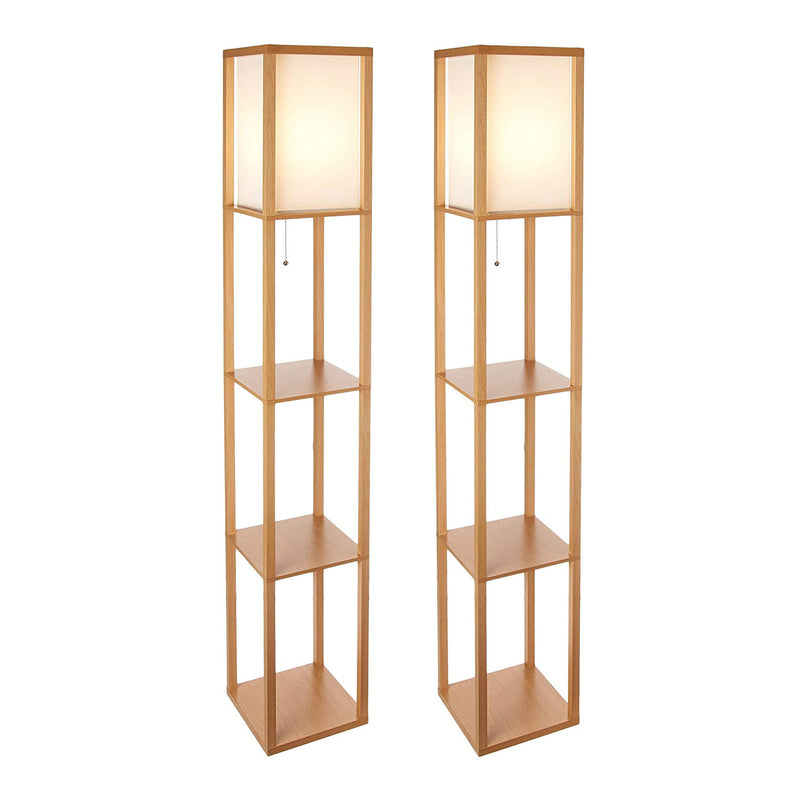 Brightech Maxwell Standing Tower Floor Lamp w/ Shelves & LED Bulb, Wood (2 Pack)