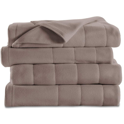Sunbeam Twin Sized Quilted Polyester Fleece Heated Blanket with 10 Settings, Tan