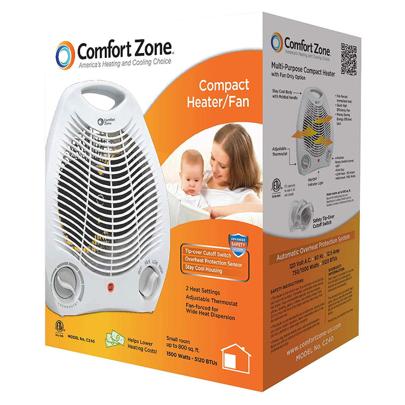 Comfort Zone Compact Portable Electric Space Heater Personal Fan Unit, White