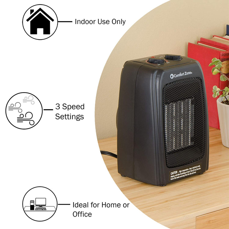 Comfort Zone Portable Electric Ceramic Fan Forced Personal Space Heater, Black