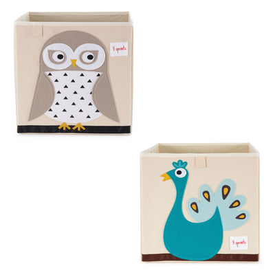 3 Sprouts Foldable Fabric Storage Cube Box Soft Toy Bin, Owl & Peacock (2 Pack)