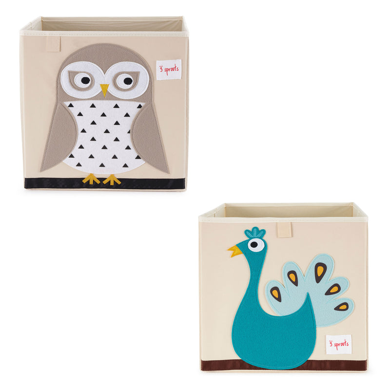 3 Sprouts Foldable Fabric Storage Cube Box Soft Toy Bin, Owl & Peacock (2 Pack)