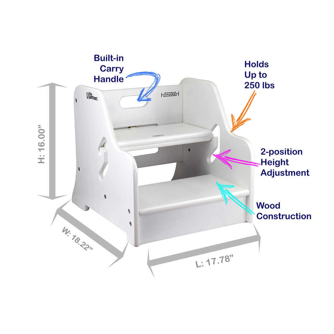 Little Partners Growing Adjustable Height Wooden Step Stool, White (Open Box) - VMInnovations