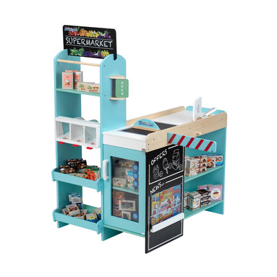 Theo Klein Wooden Shopping Center Supermarket Toy Playset, 50+ Accessories, Teal