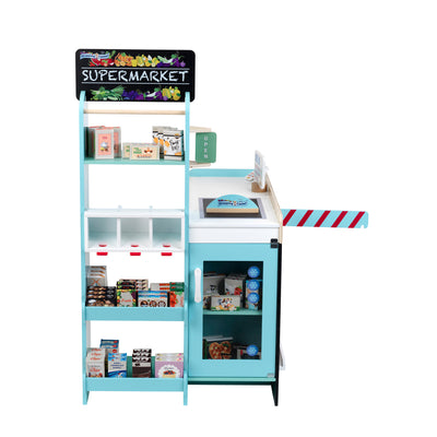 Theo Klein Wooden Shopping Center Supermarket Toy Playset, 50+ Accessories, Teal
