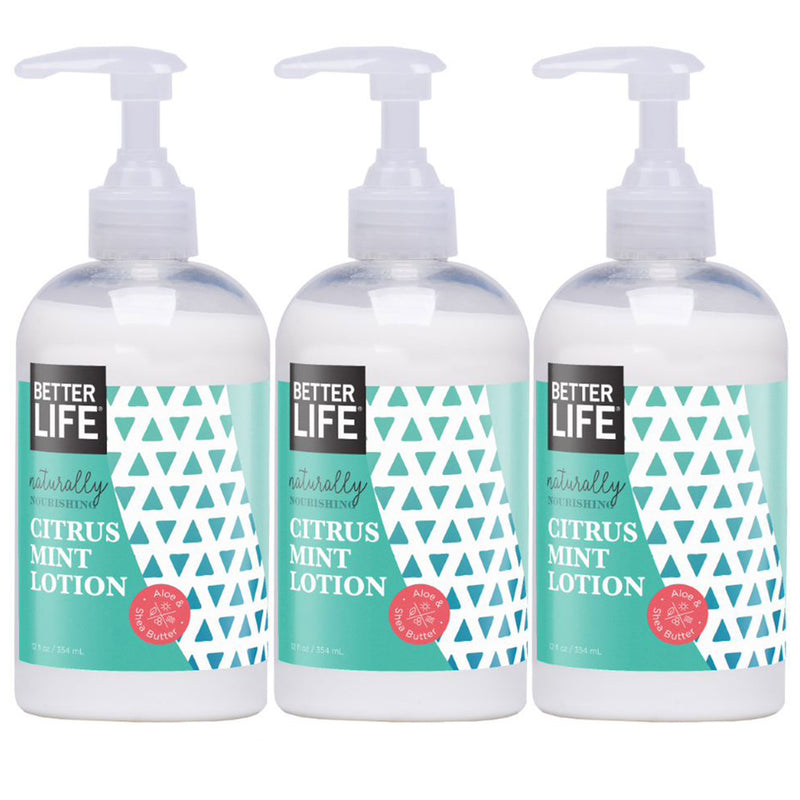 Better Life Natural Hand and Body Lotion w/Aloe, Citrus Mint, 12 Ounces (3 Pack)