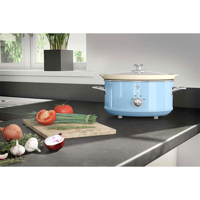 Swan 3.5 Liter 200 Watt Vintage Retro Automatic Kitchen Slow Cooker Pot, Blue