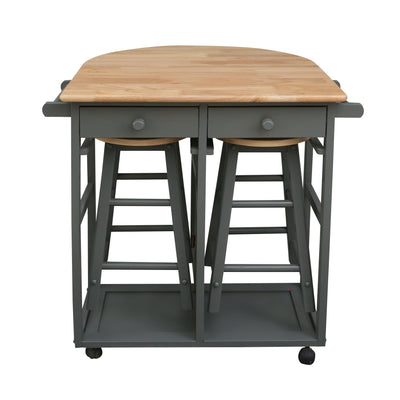 Casual Home Drop Leaf Hardwood Breakfast Cart with 2 Wooden Nesting Stools, Gray