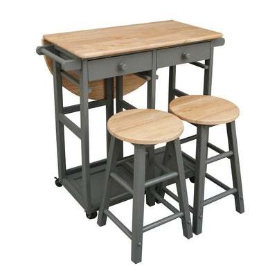Casual Home Drop Leaf Hardwood Breakfast Cart with 2 Wooden Nesting Stools, Gray