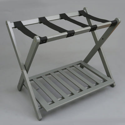 Casual Home Hotel Style Solid Pine Wood Folding Luggage Rack with Shelf, Gray