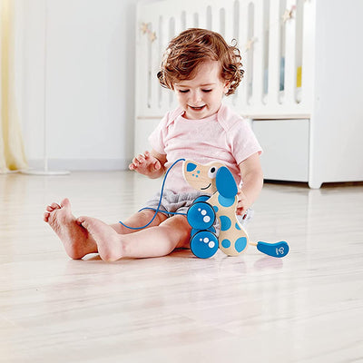 Hape Walk A Long Puppy Wooden Push Pull Kids Toy for Toddlers Ages 1 &  Up, Blue