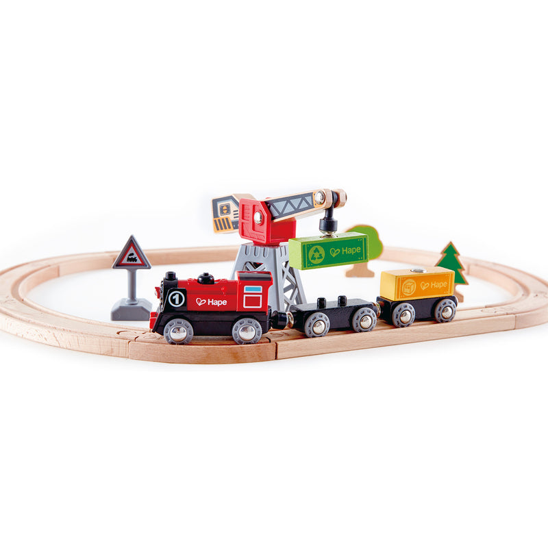 Hape Cargo Delivery Loop Railway and Train Mining Loader Set with Magnetic Crane