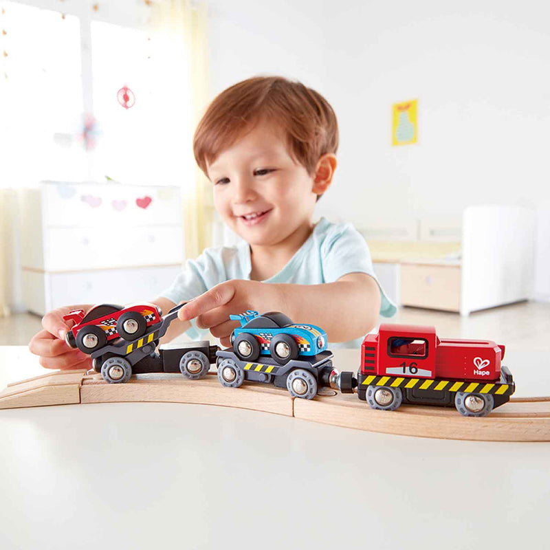 Hape Kids Rolling Stock Wooden 6 Pc Race Car Transporter Set for Ages 3 and Up