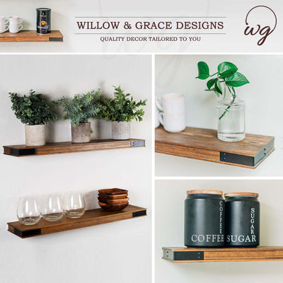 Willow & Grace Designs Floating Wall Mount Shelves, Walnut, 24 Inch, Set of 2