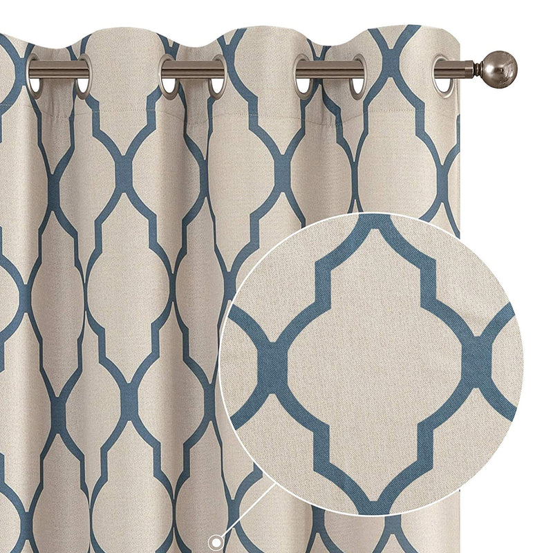 JINCHAN 52 x 95 Inch Grommet Moroccan Tile Flax Linen Curtains, Blue (2 Panels)