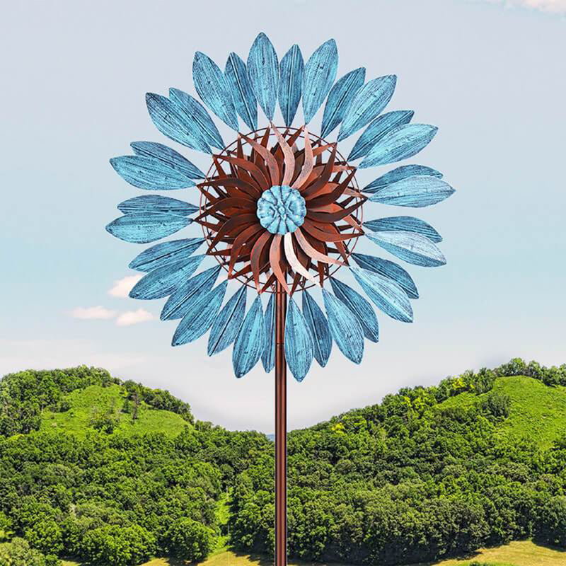 Hourpark 84 Inch Outdoor Sunflower Yard Art Garden Wind Spinner, Blue & Bronze