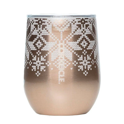 Corkcicle Luxe 12 Oz Stainless Steel Stemless Travel Cup with Lid, Fairisle Gold