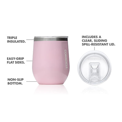 Corkcicle Classic 12 Oz Stainless Steel Stemless Cup with Lid, Gloss Rose Quartz