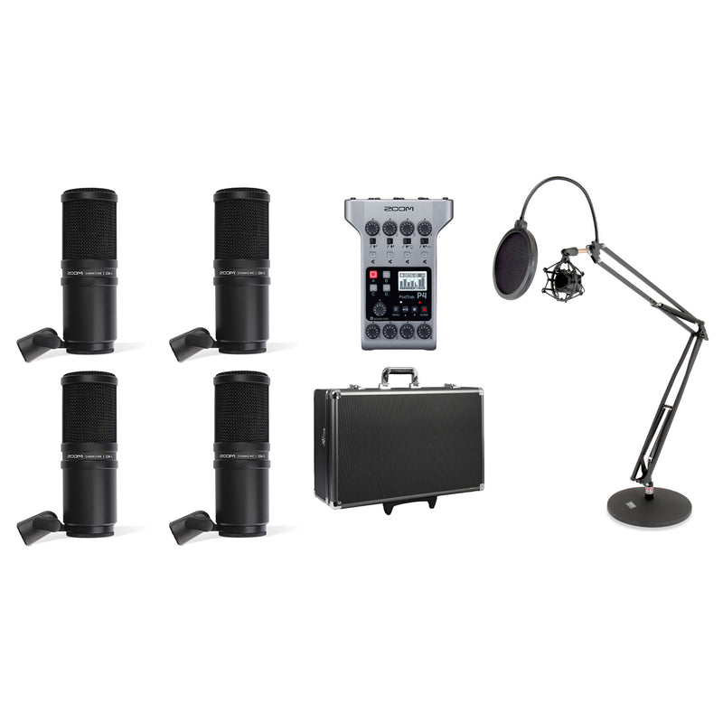Zoom 4pk Dynamic Microphones w/ Recorder, Hard Shell Case, & 4pk Boom Stands