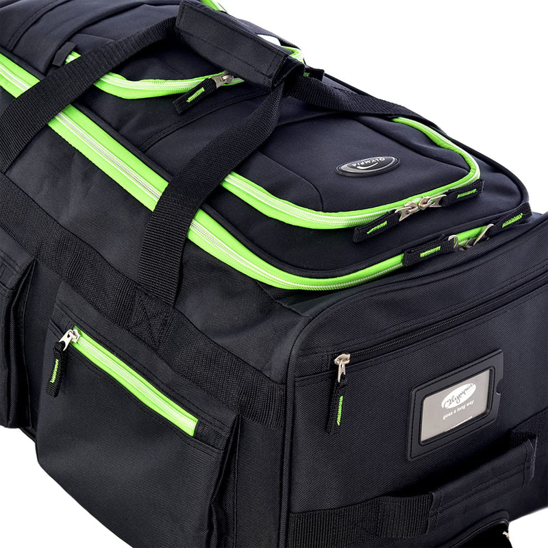 Olympia 22 In 8 Pocket Rolling Duffel Bag with Retractable Handle, Black & Lime