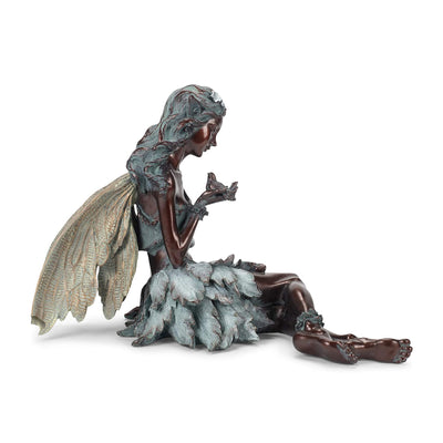Napco Resin Constructed Sitting Fairy with Bird Outdoor Garden Statue, Bronze
