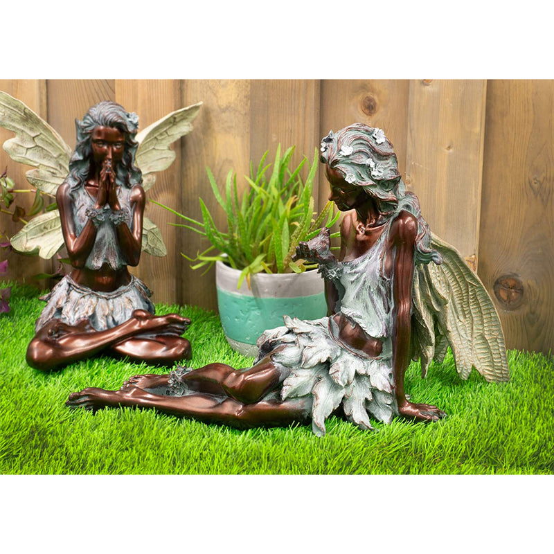 Napco Resin Constructed Sitting Fairy with Bird Outdoor Garden Statue, Bronze