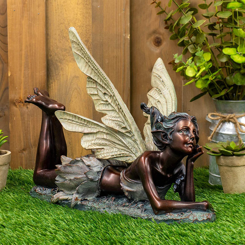 Napco 18 Inch Resin Constructed Resting Fairy Outdoor Garden Statue, Bronze