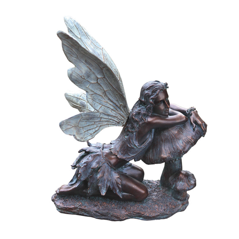 Napco 16.5 Inch Resin Fairy On Mushroom Outdoor or Indoor Garden Statue, Bronze