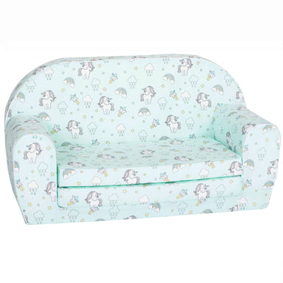 Delsit Toddler Couch & Kids Flip Open Foam Double Sofa, Unicorns & Rainbows Mint