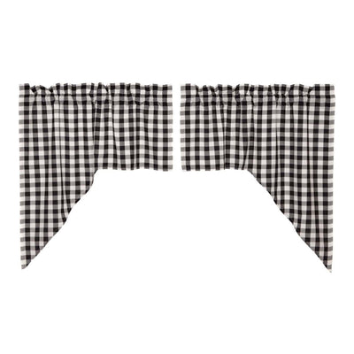 VHC Brands Cotton Window Curtain Annie Buffalo Check Swag Set, Black (2 Panels)