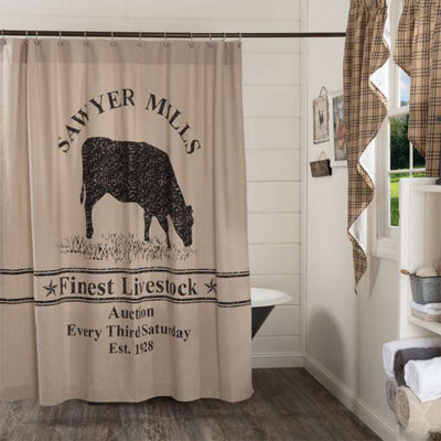 VHC Brands Sawyer Mill Cotton Rod Pocket Shower Curtain 72x72, Charcoal Cow