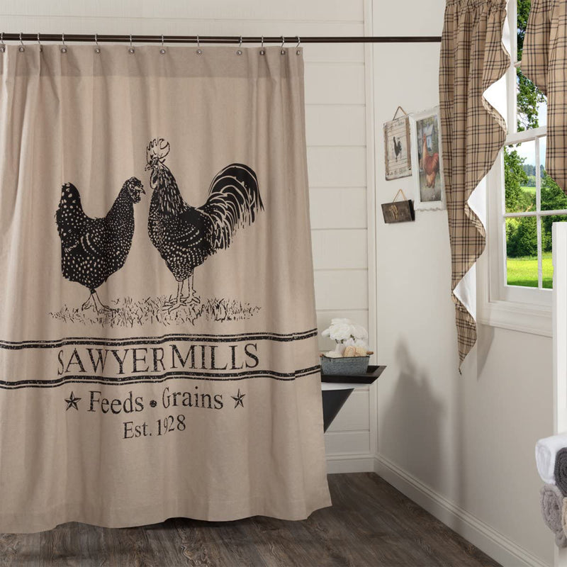 VHC Brands Sawyer Mill Cotton Rod Pocket Shower Curtain, 72x72, Charcoal Poultry