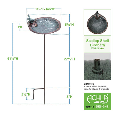 Achla Designs 11 Inch Scallop Shell Birdbath with 36 Inch Ground Stake, Copper