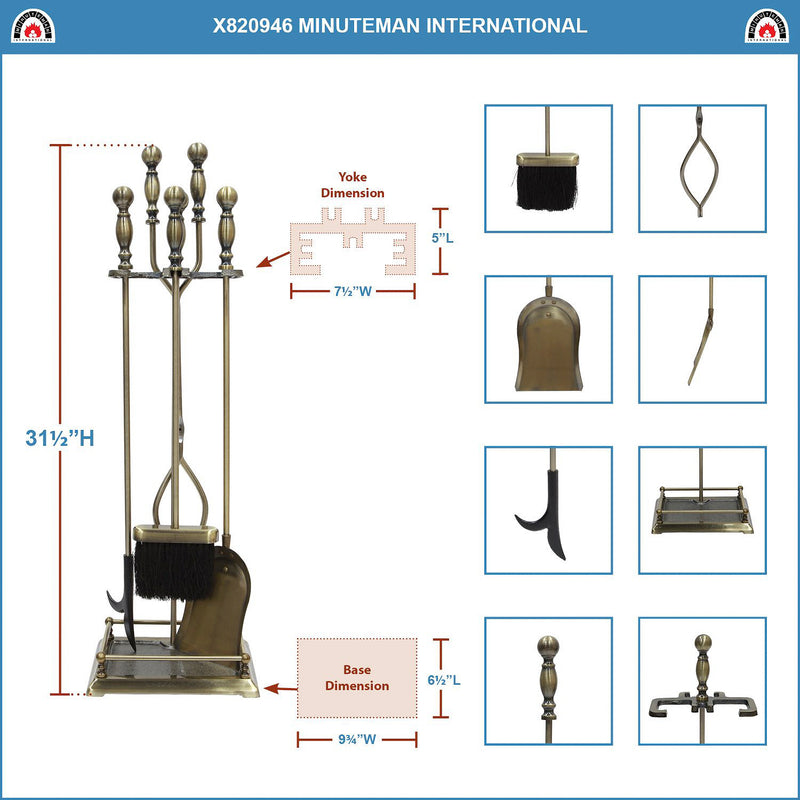 Minuteman International Oxford 5 Piece Fireplace Iron Toolset, Antique Brass