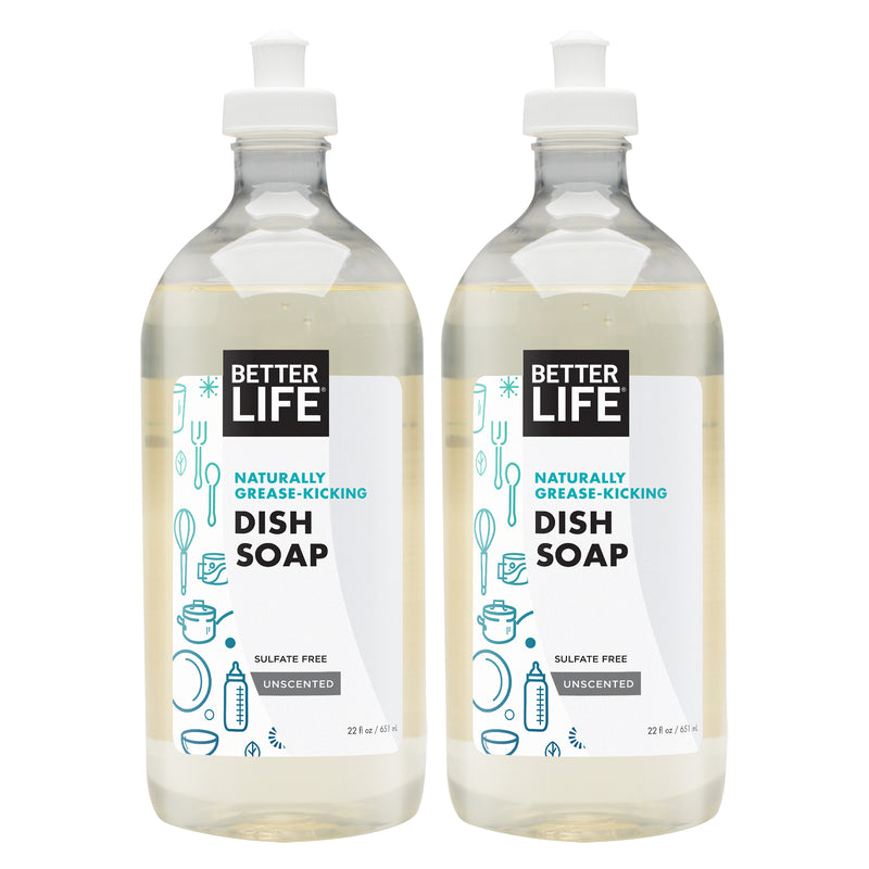 Better Life Naturally Grease Kicking Dish Soap, 22 Oz Bottle, Unscented (2 Pack)
