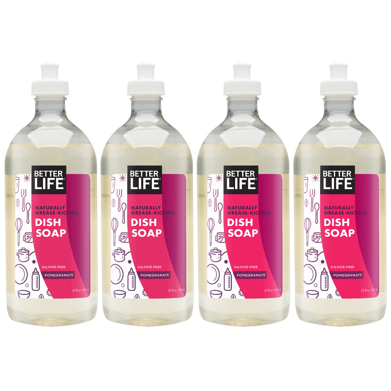 Better Life Naturally Grease Kicking Dish Soap, 22 Oz Bottle, Pomegranate (4 Pk)