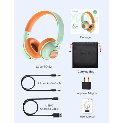 SuperEQ S2 Bluetooth Wired/Wireless Noise Canceling Headphones, Orange and Green