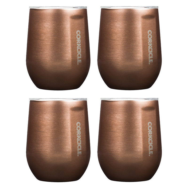 Corkcicle Metallic 12 Ounce Stainless Steel Stemless Cup w/ Lid, Copper (4 Pack)